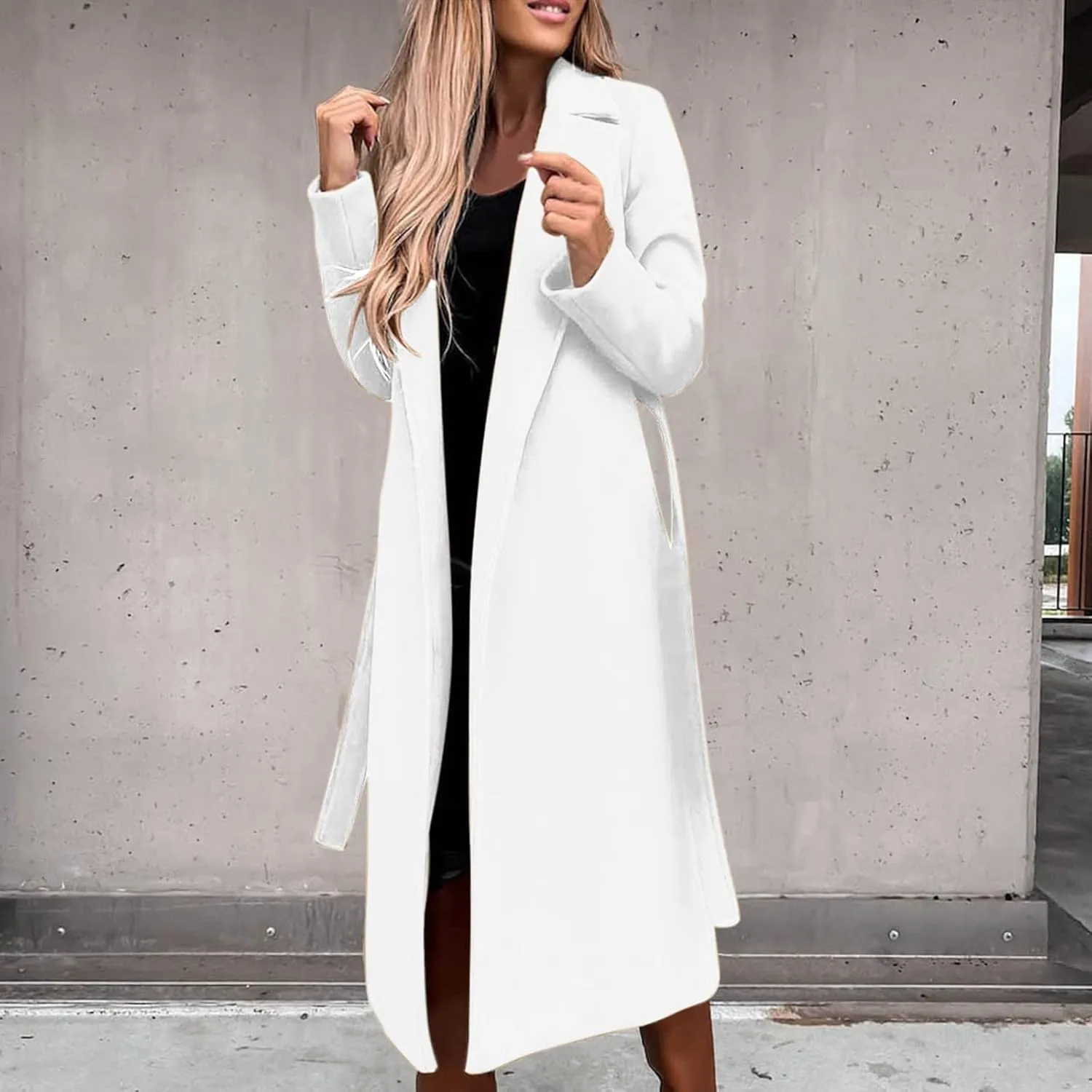 Women's Long Trench Coats Casual Solid Open Front Elegant Jacket Loose Lapel Double Breasted Windbreaker Peacoat with Belt
