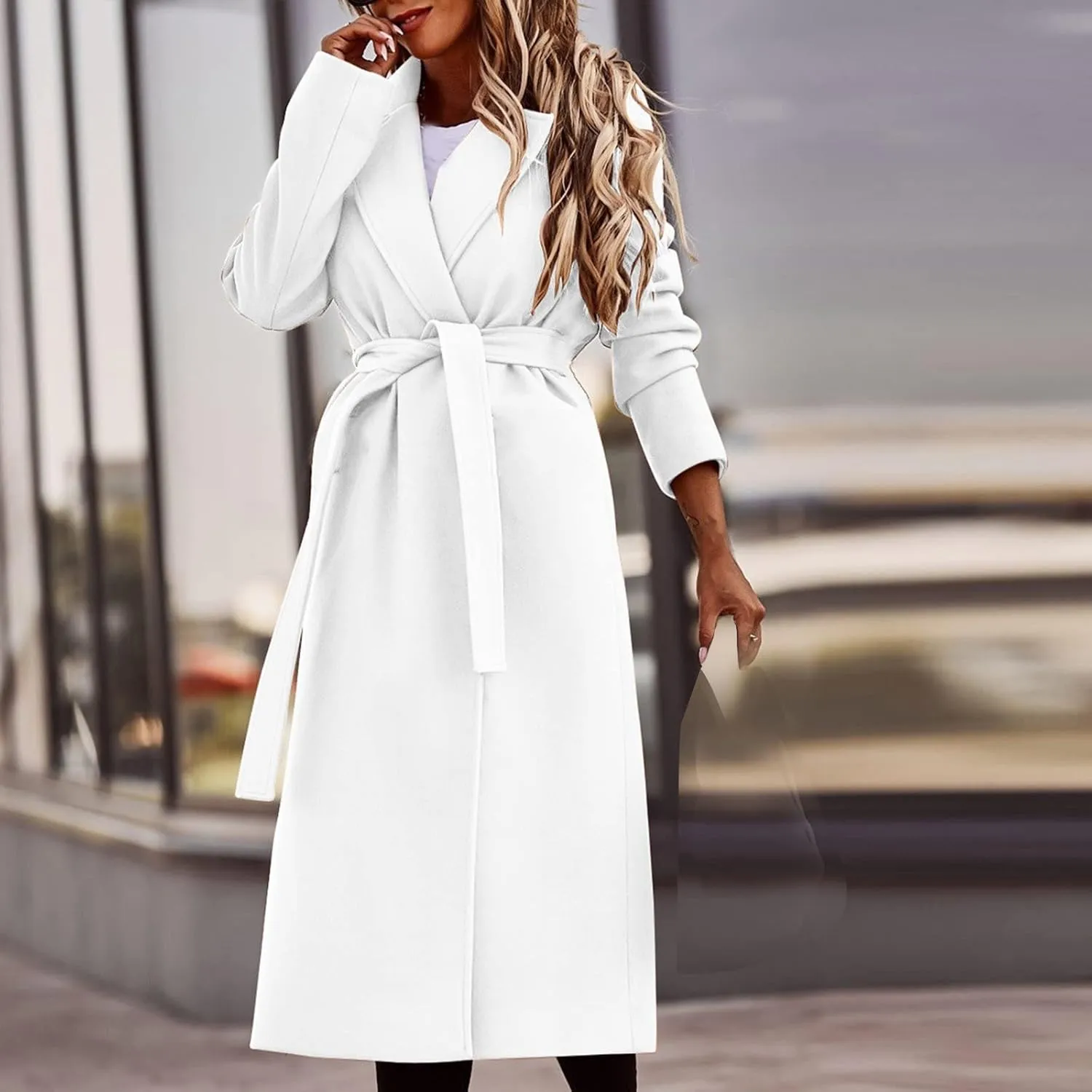 Women's Long Trench Coats Casual Solid Open Front Elegant Jacket Loose Lapel Double Breasted Windbreaker Peacoat with Belt