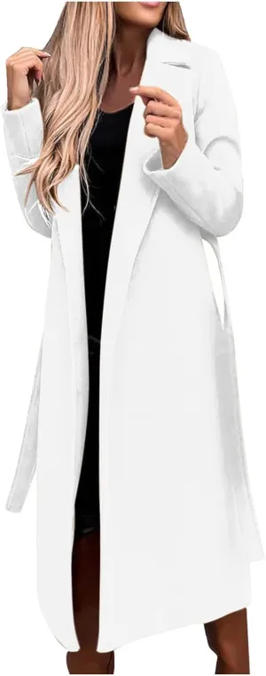 Women's Long Trench Coats Casual Solid Open Front Elegant Jacket Loose Lapel Double Breasted Windbreaker Peacoat with Belt