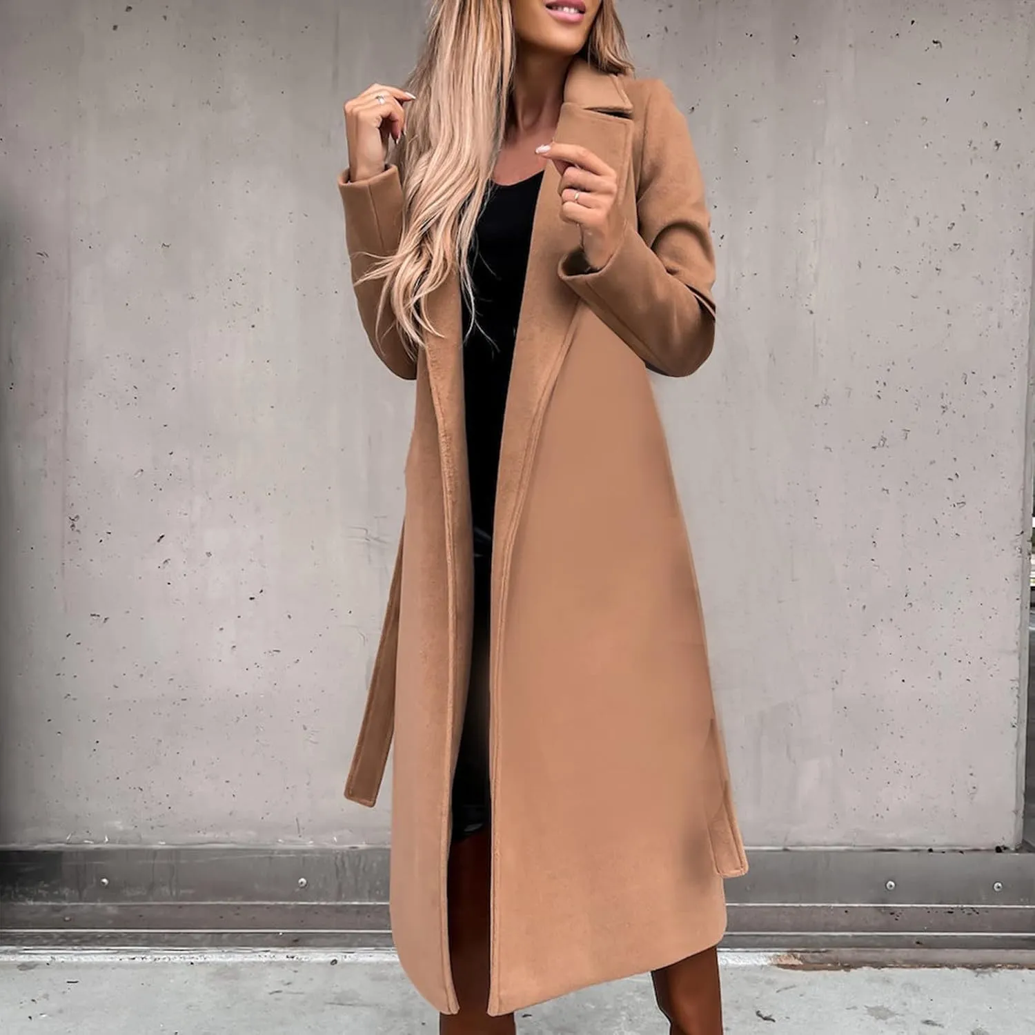 Women's Long Trench Coats Casual Solid Open Front Elegant Jacket Loose Lapel Double Breasted Windbreaker Peacoat with Belt