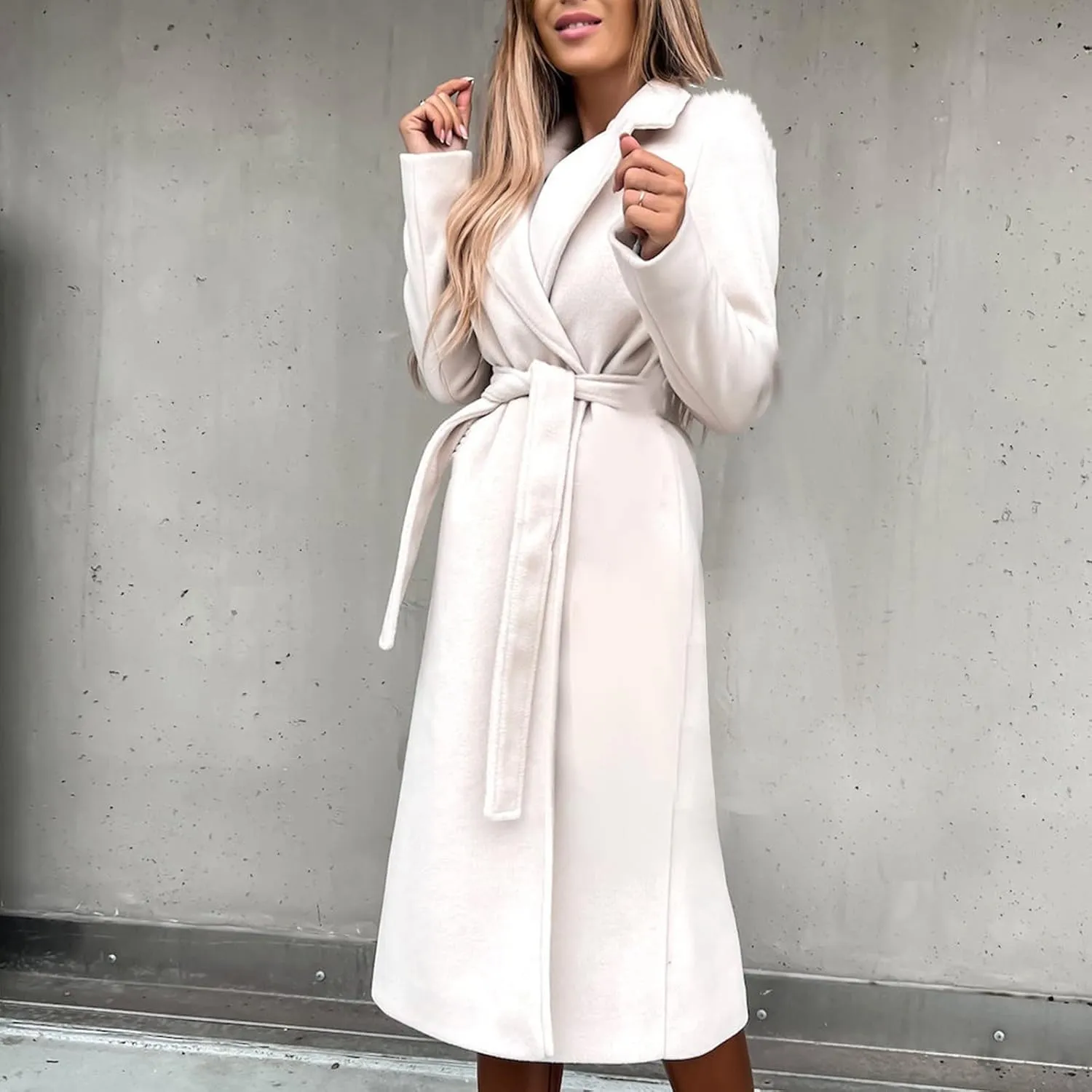Women's Long Trench Coats Casual Solid Open Front Elegant Jacket Loose Lapel Double Breasted Windbreaker Peacoat with Belt