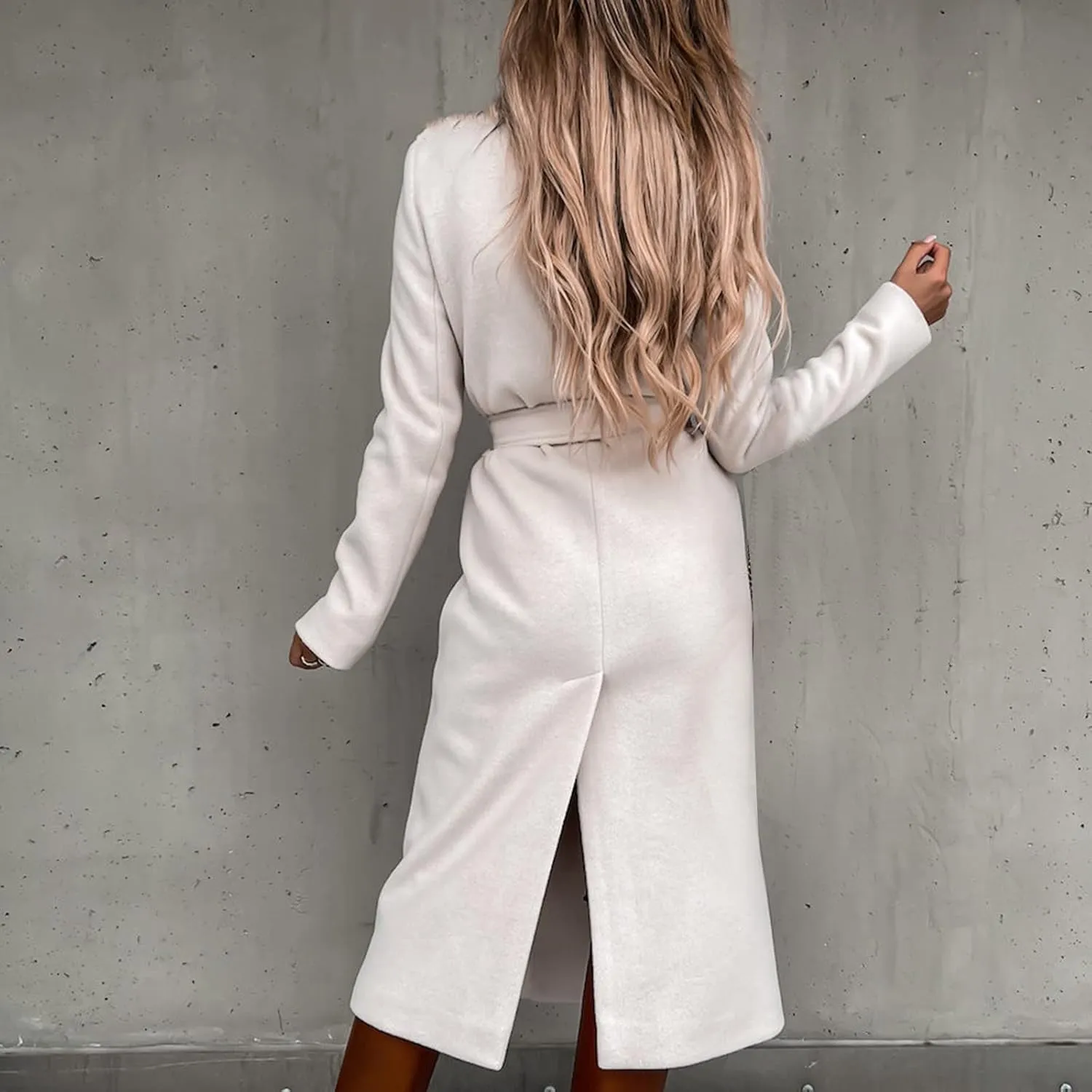 Women's Long Trench Coats Casual Solid Open Front Elegant Jacket Loose Lapel Double Breasted Windbreaker Peacoat with Belt