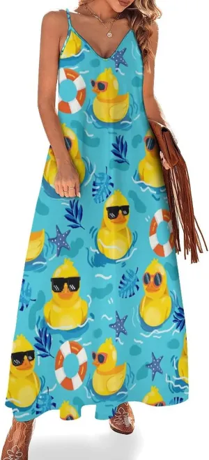 Women's Maxi Dress Duck Summer Sun Dresses Casual Loose Long Dress V Neck Sleeveless Beach Dresses