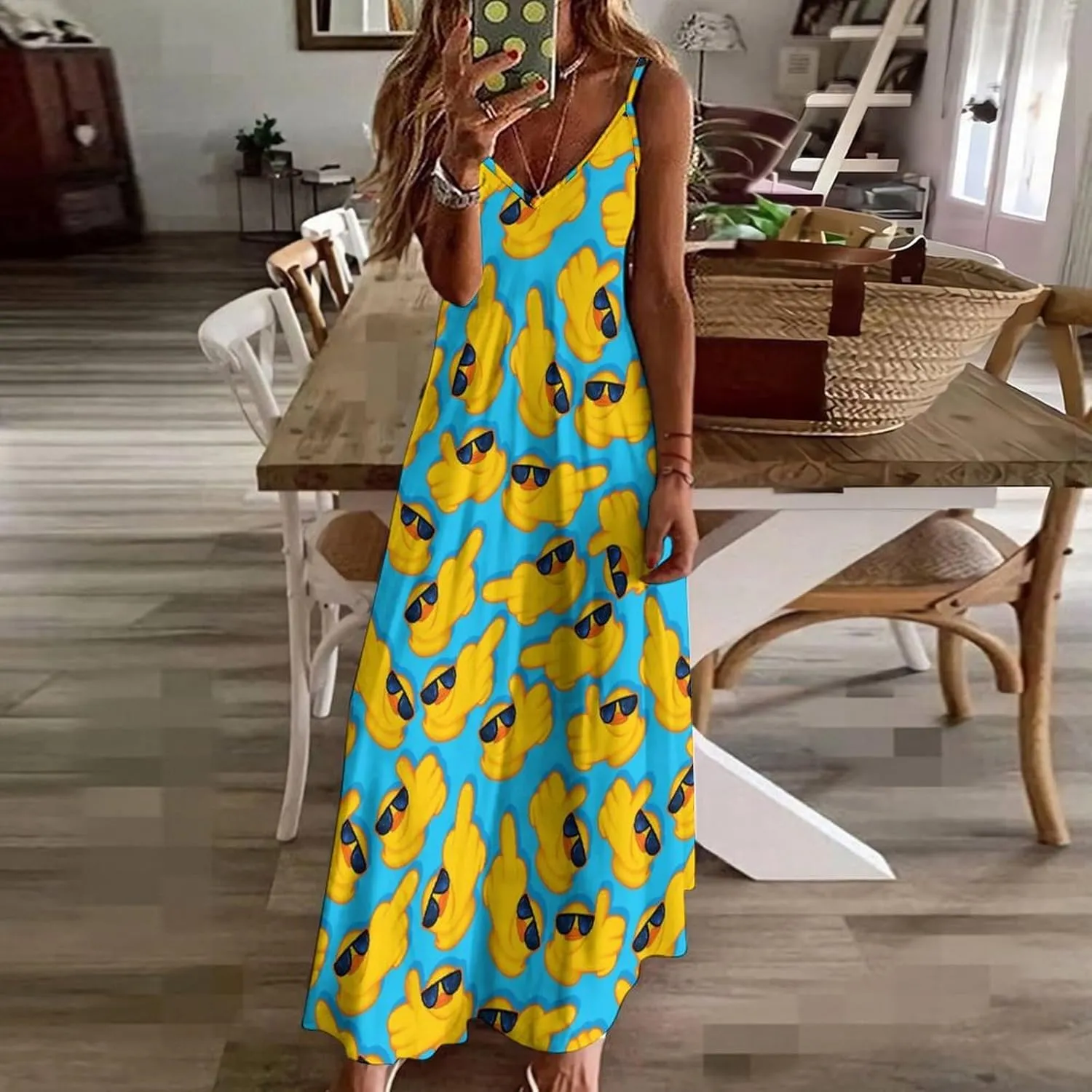 Women's Maxi Dress Duck Summer Sun Dresses Casual Loose Long Dress V Neck Sleeveless Beach Dresses