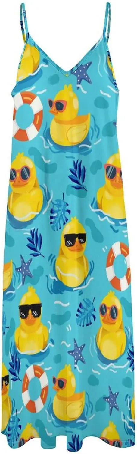 Women's Maxi Dress Duck Summer Sun Dresses Casual Loose Long Dress V Neck Sleeveless Beach Dresses