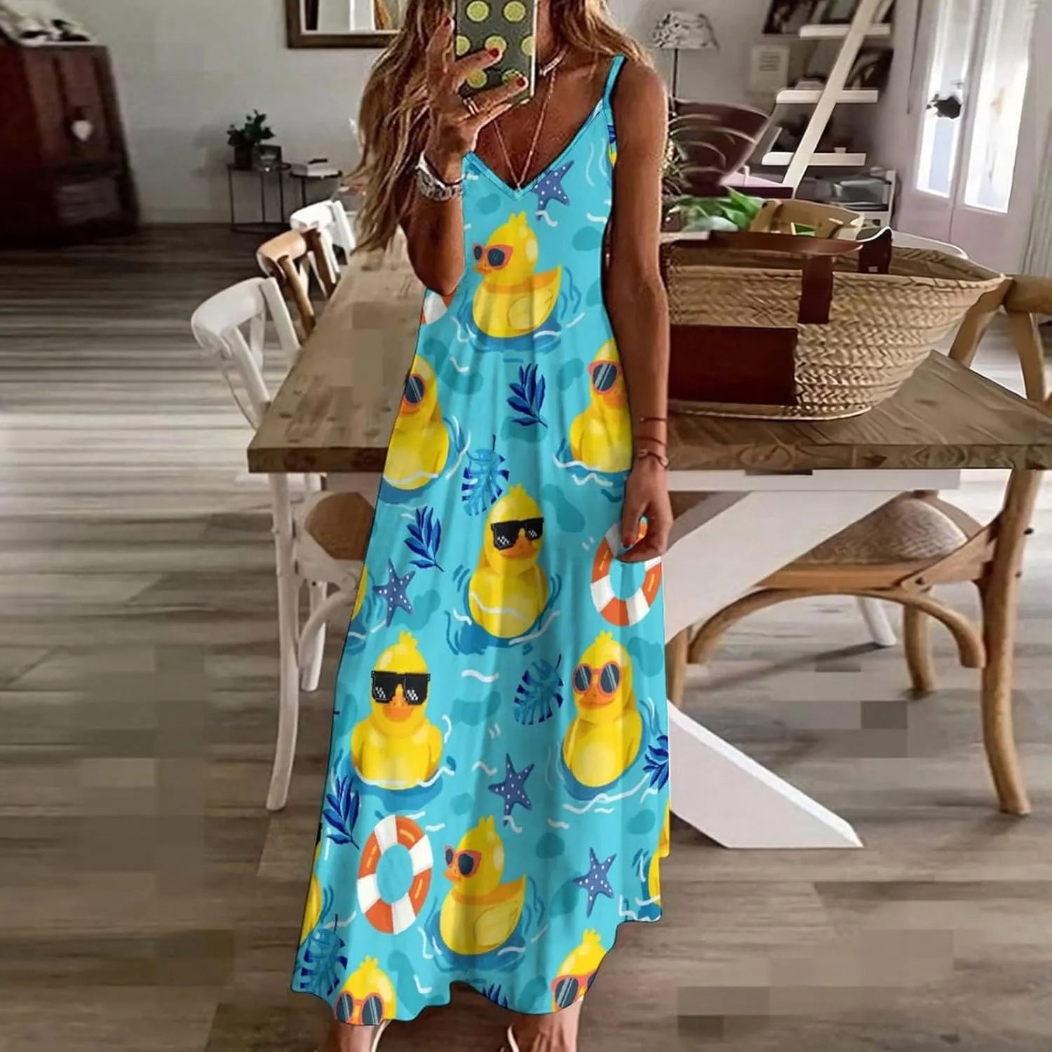 Women's Maxi Dress Duck Summer Sun Dresses Casual Loose Long Dress V Neck Sleeveless Beach Dresses