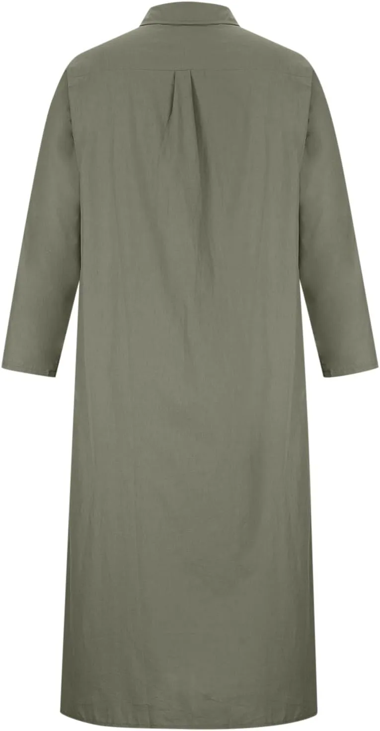 Women's Maxi Dress Fall Casual 2024 V-Neck Button Down a Line Lapels Shirt Dress Pleated Plus Size Flowy Long Dresses