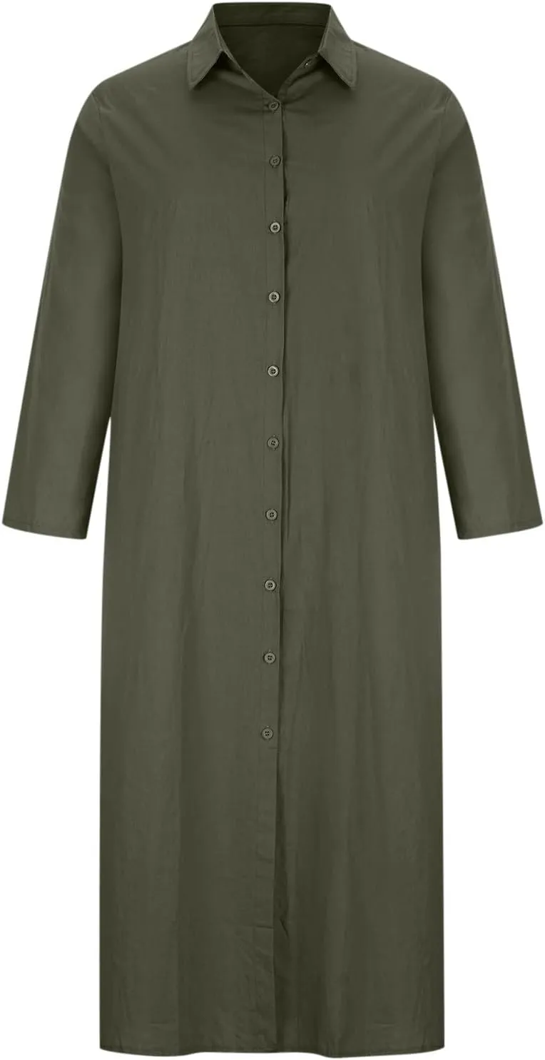 Women's Maxi Dress Fall Casual 2024 V-Neck Button Down a Line Lapels Shirt Dress Pleated Plus Size Flowy Long Dresses