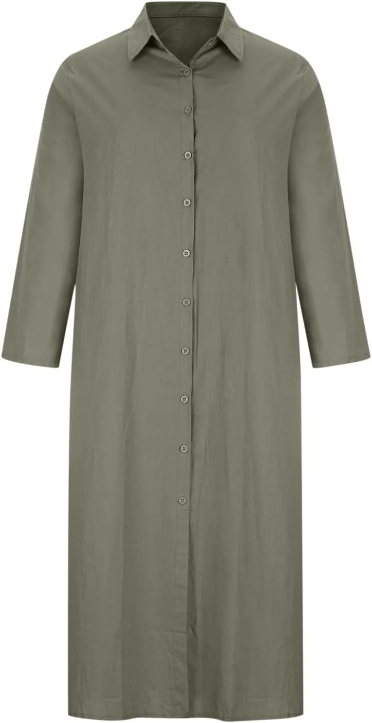 Women's Maxi Dress Fall Casual 2024 V-Neck Button Down a Line Lapels Shirt Dress Pleated Plus Size Flowy Long Dresses