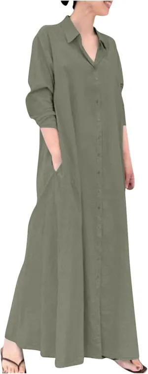 Women's Maxi Dress Fall Casual 2024 V-Neck Button Down a Line Lapels Shirt Dress Pleated Plus Size Flowy Long Dresses