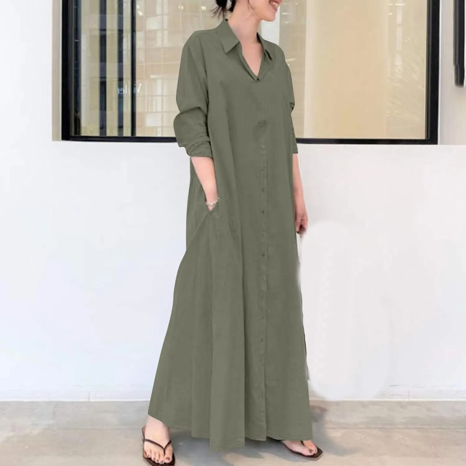 Women's Maxi Dress Fall Casual 2024 V-Neck Button Down a Line Lapels Shirt Dress Pleated Plus Size Flowy Long Dresses