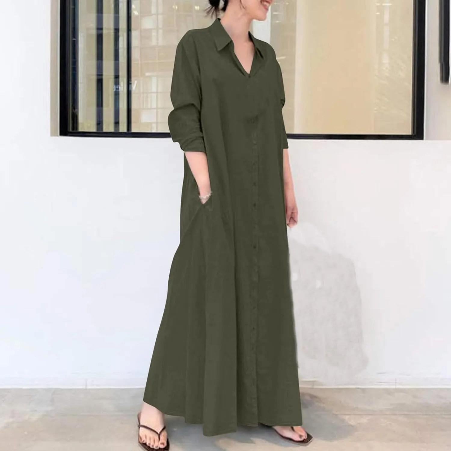 Women's Maxi Dress Fall Casual 2024 V-Neck Button Down a Line Lapels Shirt Dress Pleated Plus Size Flowy Long Dresses