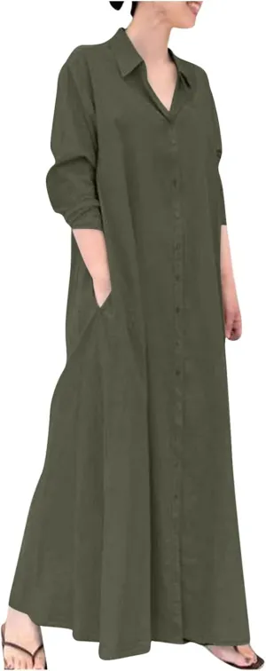 Women's Maxi Dress Fall Casual 2024 V-Neck Button Down a Line Lapels Shirt Dress Pleated Plus Size Flowy Long Dresses