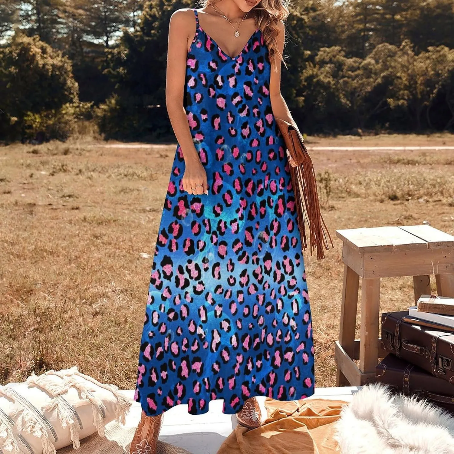 Women's Maxi Dress Tie Dye Seashell Summer Sun Dresses Casual Loose Long Dress V Neck Sleeveless Beach Dresses