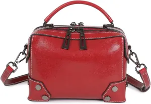 Women's Oil Wax Top Handle Satchel Bag Genuine Leather Crossbody Rivet Stitching Shoulder Bag Retro Handbag and Pursebag397OWOISS