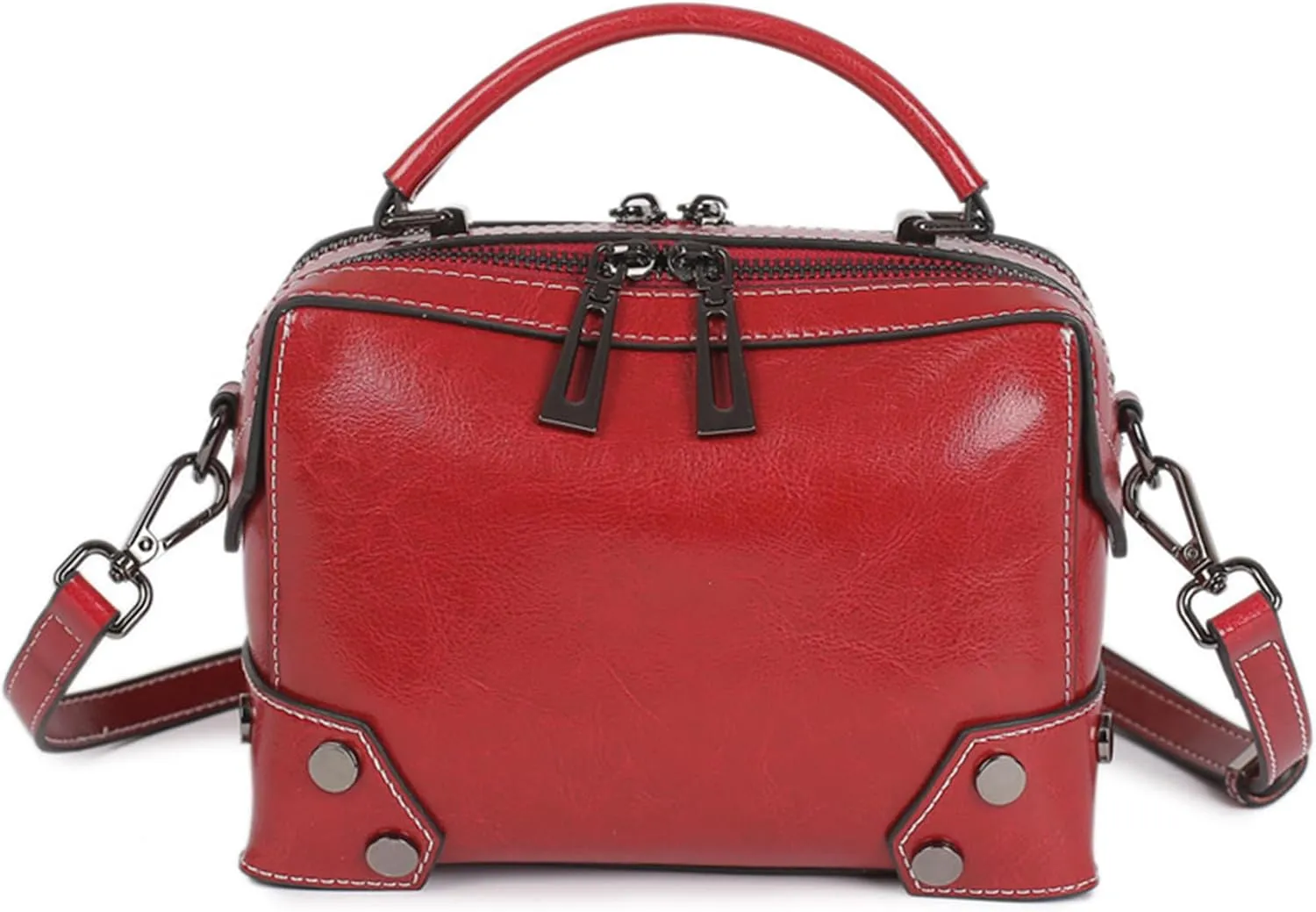 Women's Oil Wax Top Handle Satchel Bag Genuine Leather Crossbody Rivet Stitching Shoulder Bag Retro Handbag and Pursebag397OWOISS