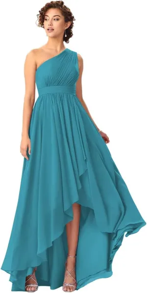 Women's One Shoulder Bridesmaid Dresses High Low Chiffon Evening Formal Gowns with Pockets