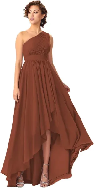 Women's One Shoulder Bridesmaid Dresses High Low Chiffon Evening Formal Gowns with Pockets
