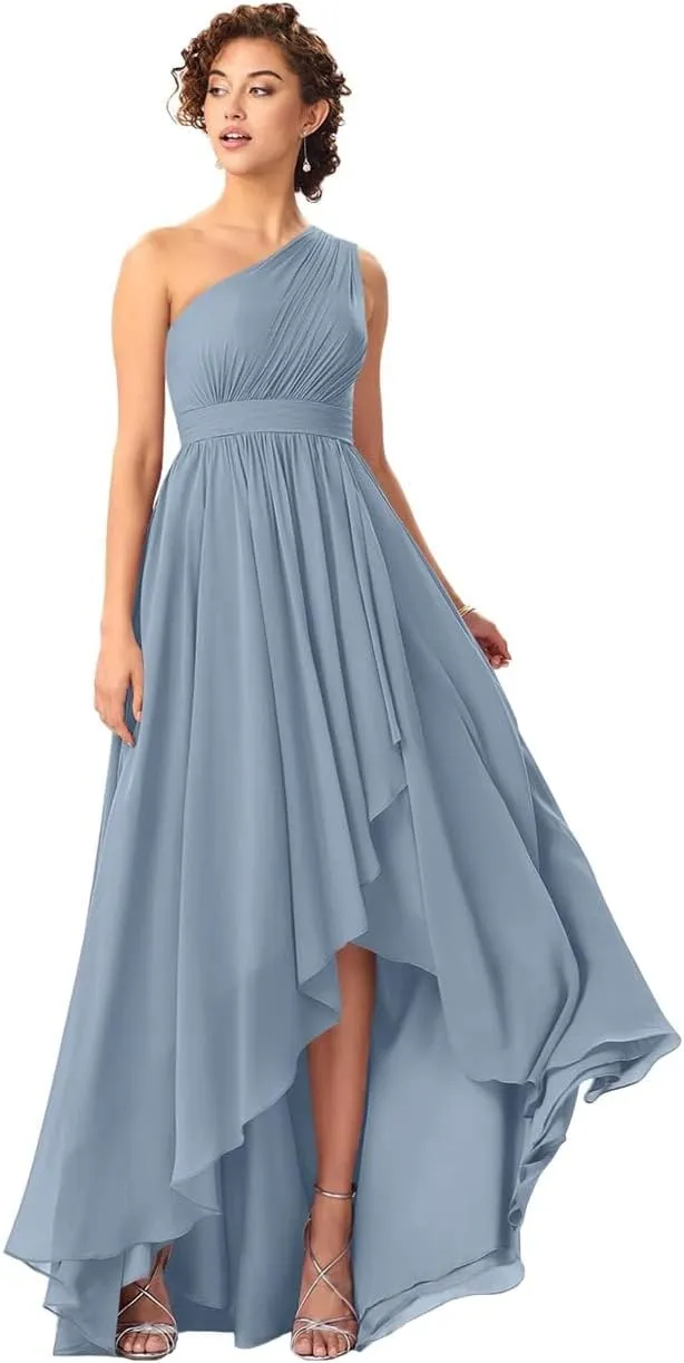 Women's One Shoulder Bridesmaid Dresses High Low Chiffon Evening Formal Gowns with Pockets