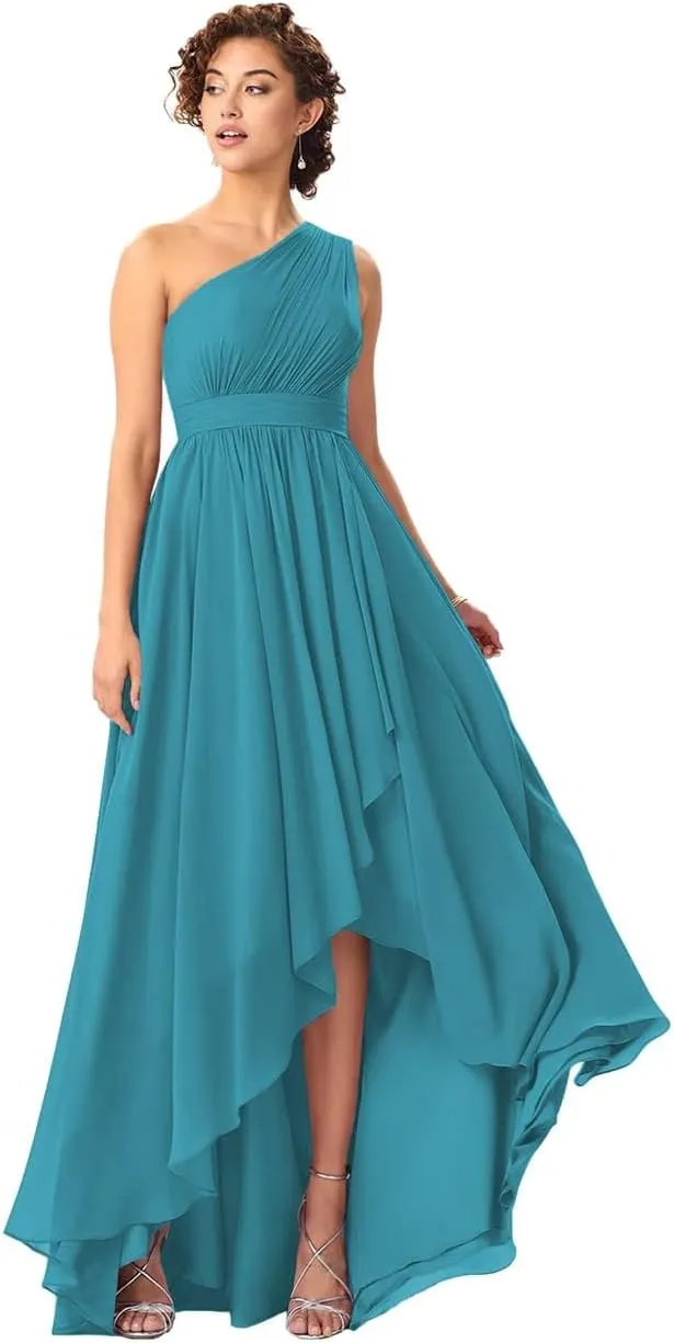 Women's One Shoulder Bridesmaid Dresses High Low Chiffon Evening Formal Gowns with Pockets