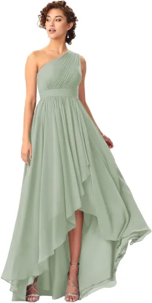 Women's One Shoulder Bridesmaid Dresses High Low Chiffon Evening Formal Gowns with Pockets
