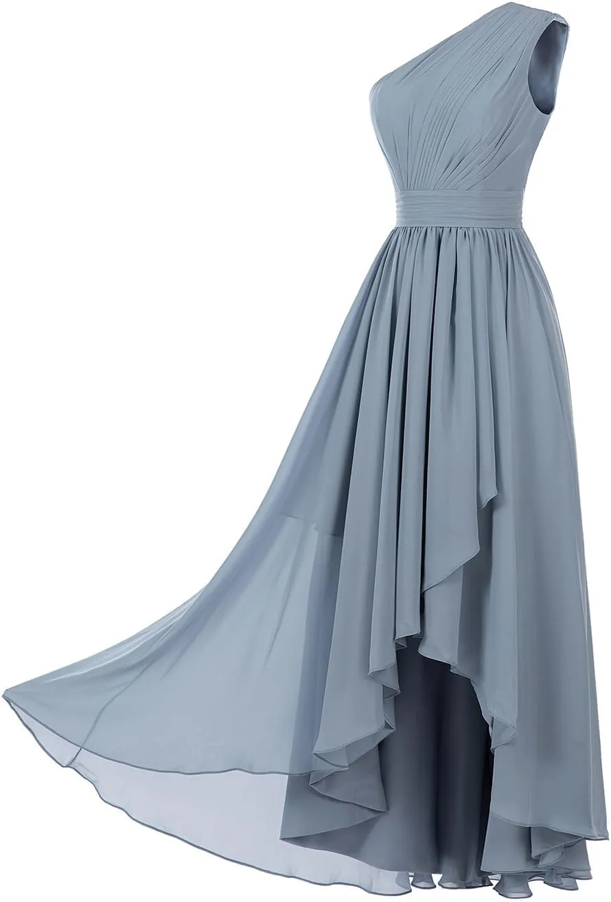 Women's One Shoulder Bridesmaid Dresses High Low Chiffon Evening Formal Gowns with Pockets