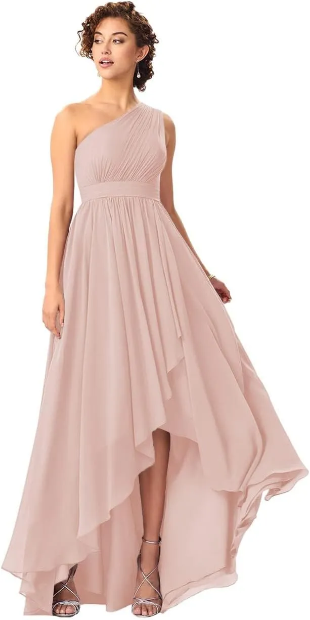 Women's One Shoulder Bridesmaid Dresses High Low Chiffon Evening Formal Gowns with Pockets
