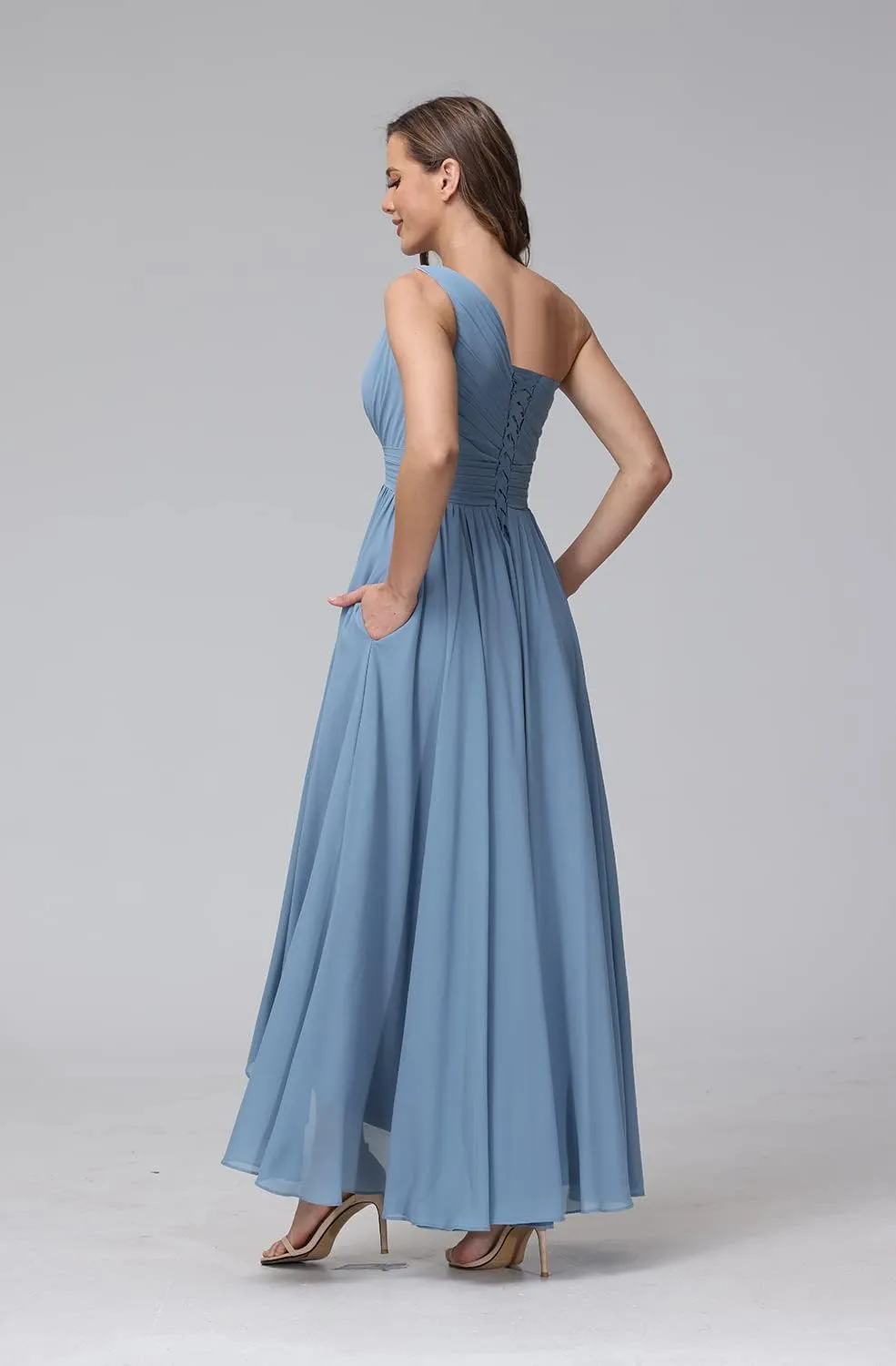 Women's One Shoulder Bridesmaid Dresses High Low Chiffon Evening Formal Gowns with Pockets