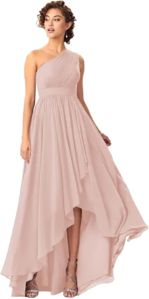Women's One Shoulder Bridesmaid Dresses High Low Chiffon Evening Formal Gowns with Pockets