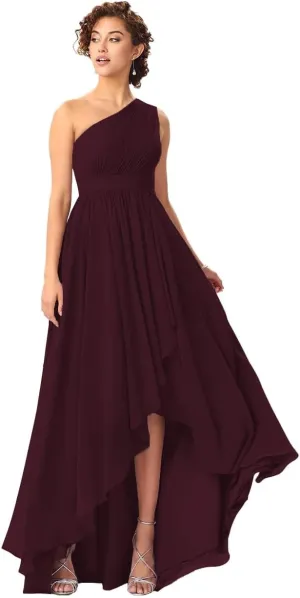 Women's One Shoulder Bridesmaid Dresses High Low Chiffon Evening Formal Gowns with Pockets
