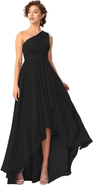Women's One Shoulder Bridesmaid Dresses High Low Chiffon Evening Formal Gowns with Pockets
