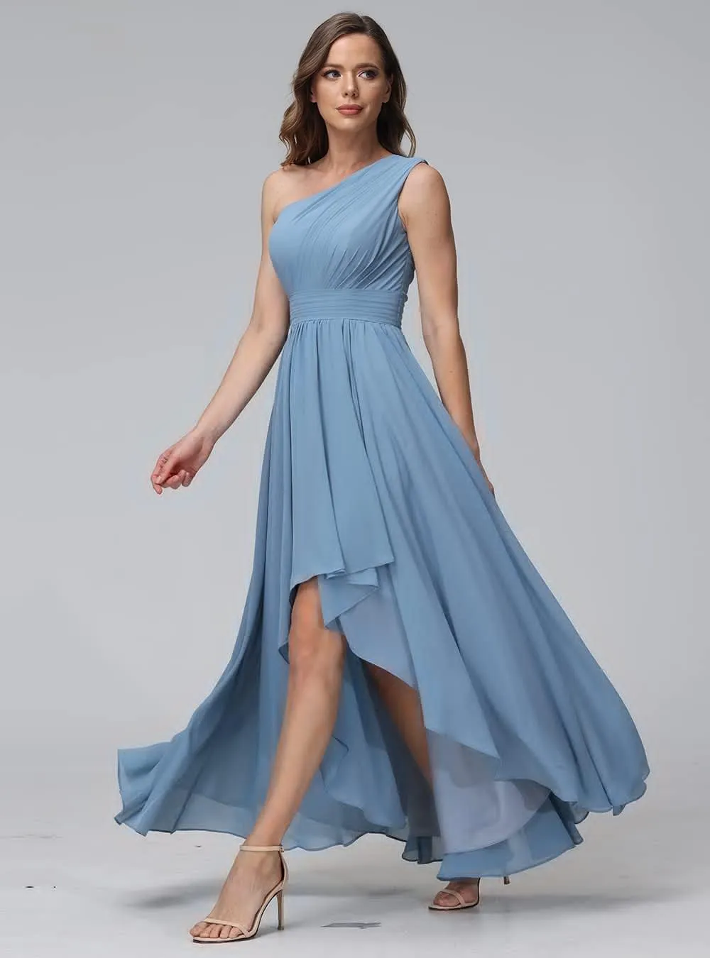 Women's One Shoulder Bridesmaid Dresses High Low Chiffon Evening Formal Gowns with Pockets