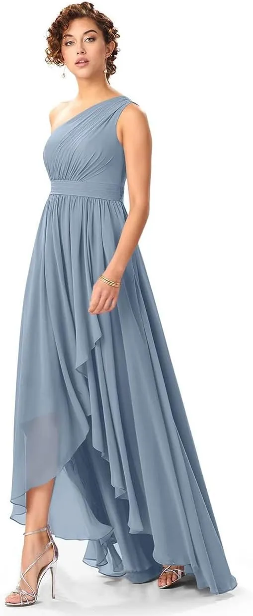 Women's One Shoulder Bridesmaid Dresses High Low Chiffon Evening Formal Gowns with Pockets
