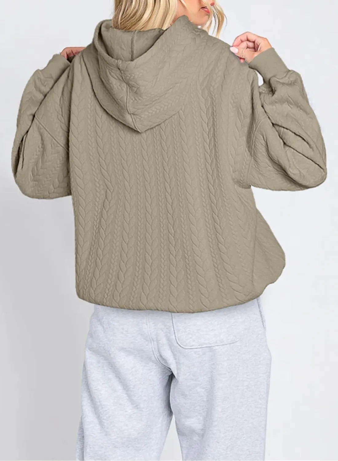 Women's Oversized Hoodies Fall Casual Quilted Long Sleeve Drawstring Hooded Sweatshirts Pullover Tops with Pocket