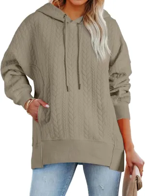 Women's Oversized Hoodies Fall Casual Quilted Long Sleeve Drawstring Hooded Sweatshirts Pullover Tops with Pocket