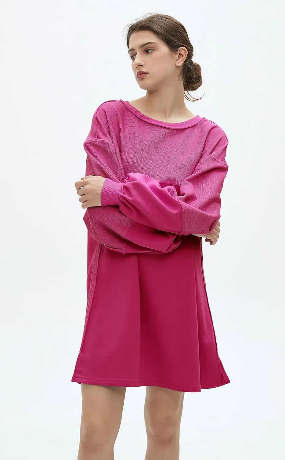 Womens Oversized Sweatshirt Dress Crewneck Long Sleeve Patchwork Pullover Casual Loose Mini Dresses