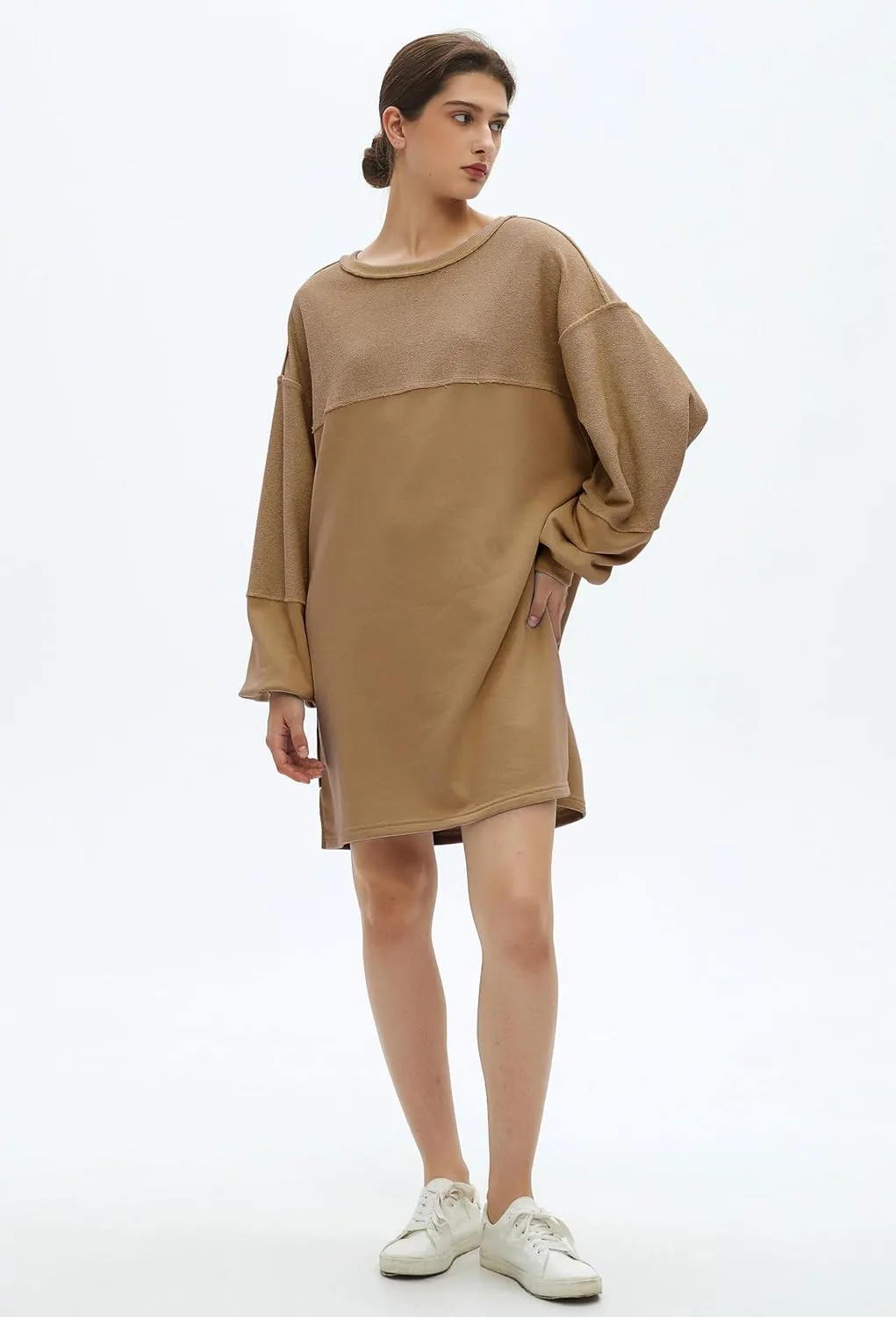Womens Oversized Sweatshirt Dress Crewneck Long Sleeve Patchwork Pullover Casual Loose Mini Dresses