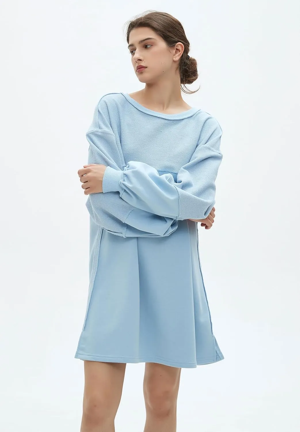 Womens Oversized Sweatshirt Dress Crewneck Long Sleeve Patchwork Pullover Casual Loose Mini Dresses