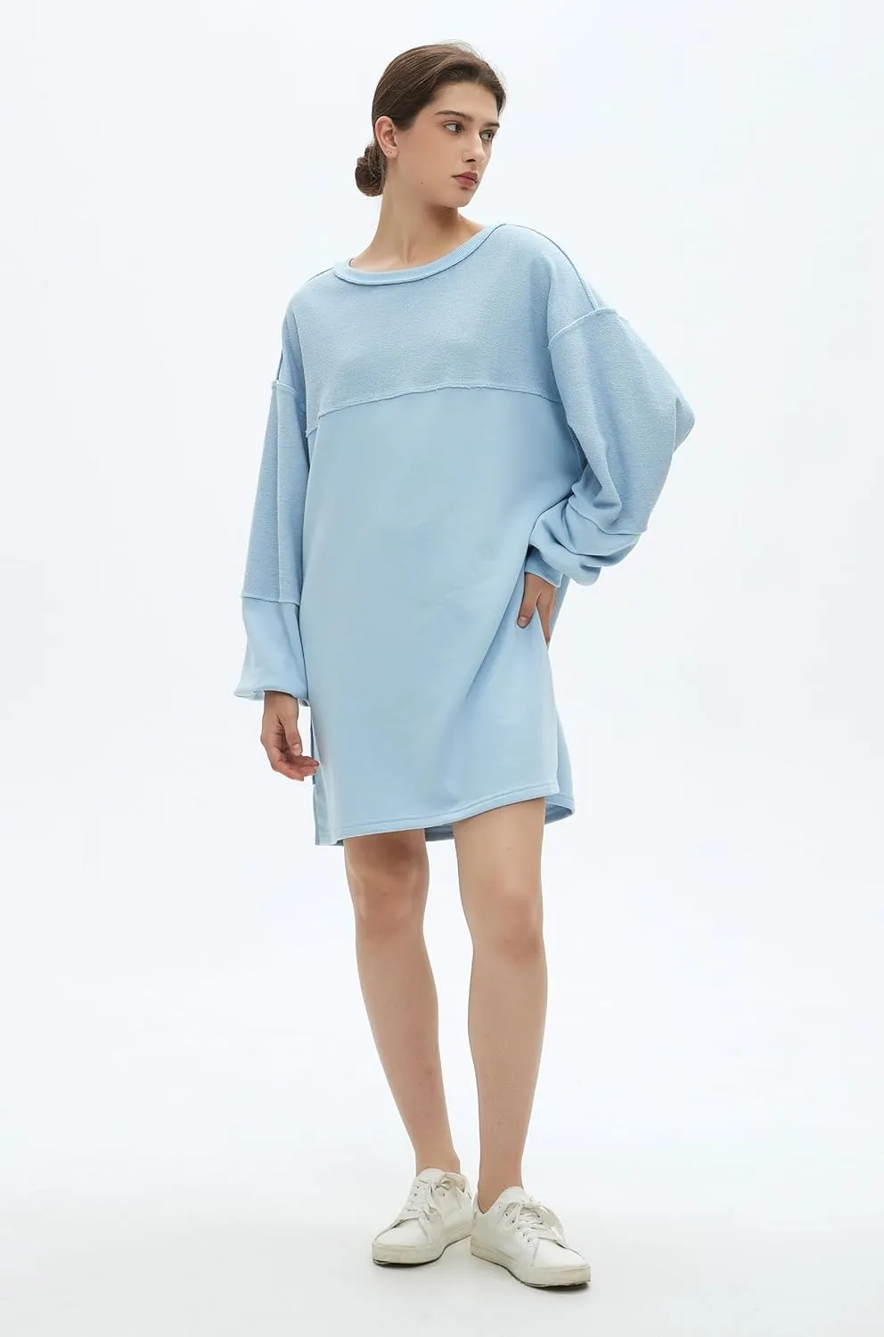 Womens Oversized Sweatshirt Dress Crewneck Long Sleeve Patchwork Pullover Casual Loose Mini Dresses