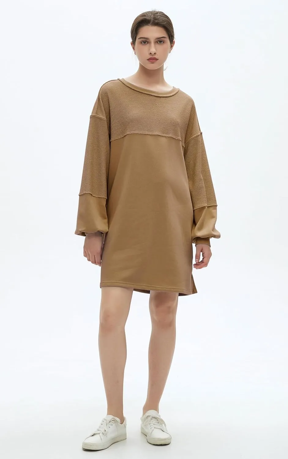 Womens Oversized Sweatshirt Dress Crewneck Long Sleeve Patchwork Pullover Casual Loose Mini Dresses