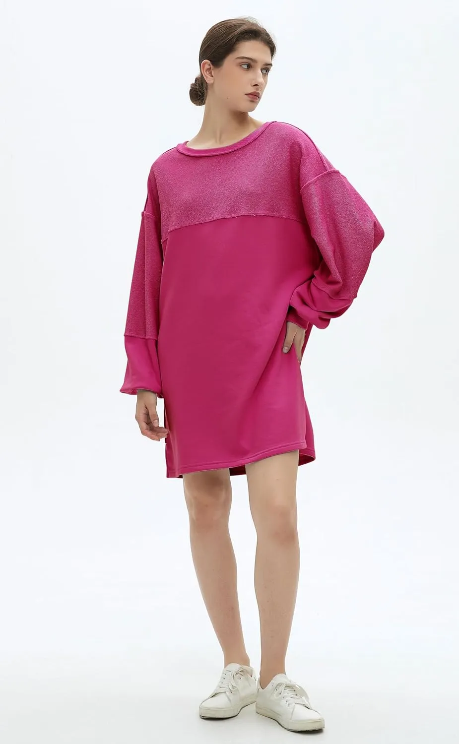 Womens Oversized Sweatshirt Dress Crewneck Long Sleeve Patchwork Pullover Casual Loose Mini Dresses