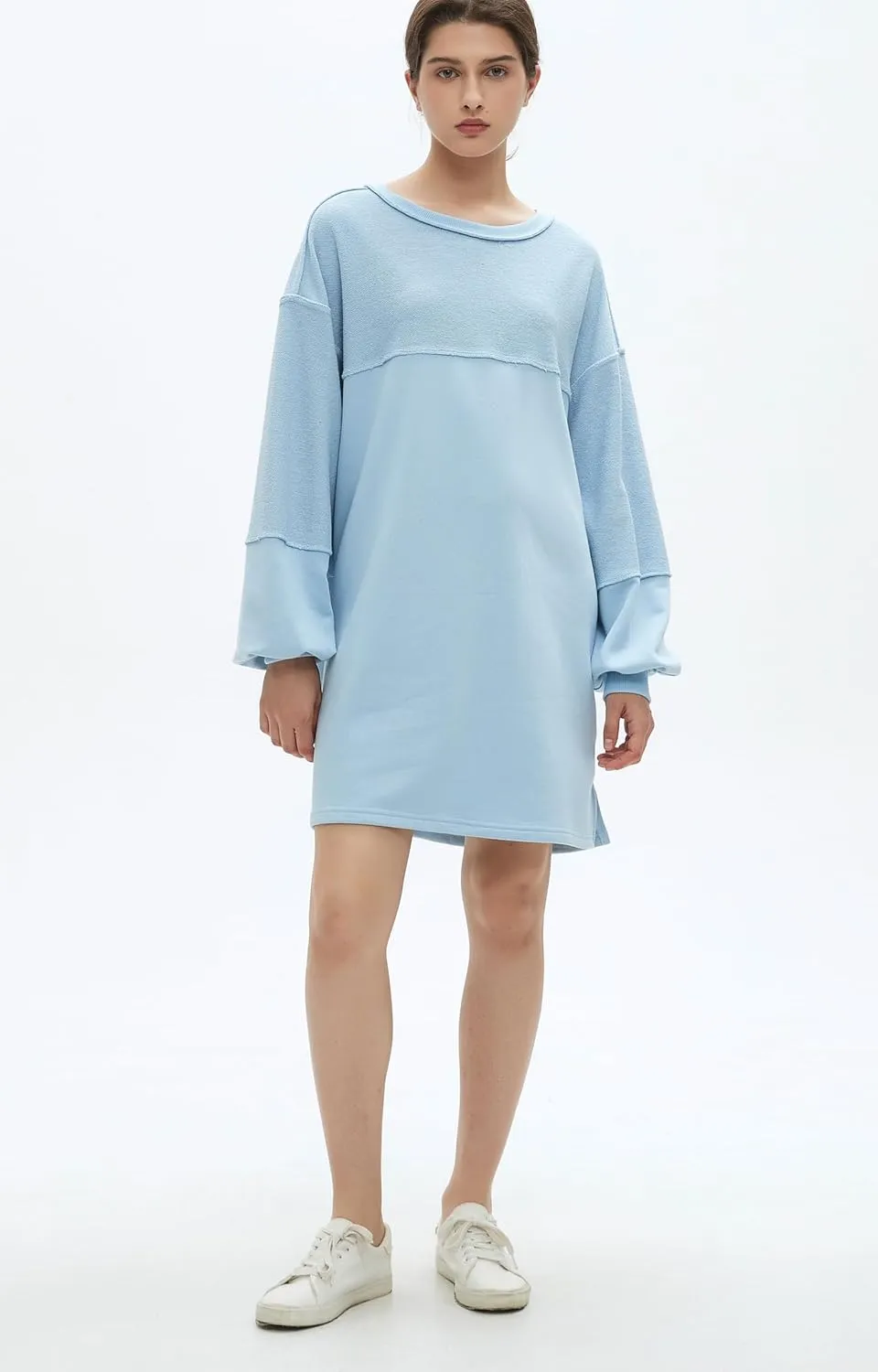 Womens Oversized Sweatshirt Dress Crewneck Long Sleeve Patchwork Pullover Casual Loose Mini Dresses