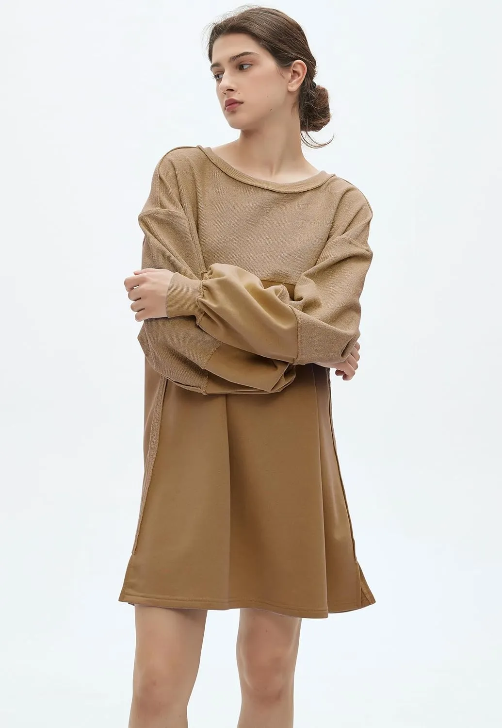 Womens Oversized Sweatshirt Dress Crewneck Long Sleeve Patchwork Pullover Casual Loose Mini Dresses