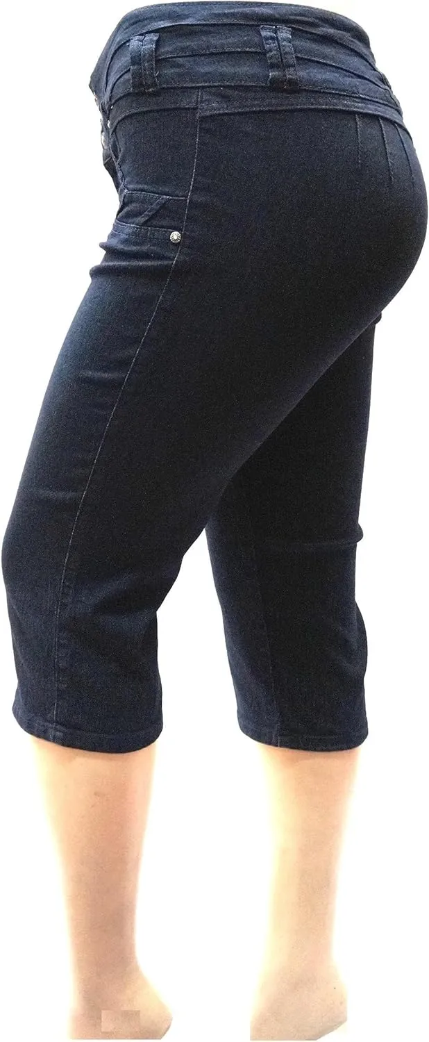 Women's Plus Size Stretch Premium Black Denim Jeans Capri HIGH Waist