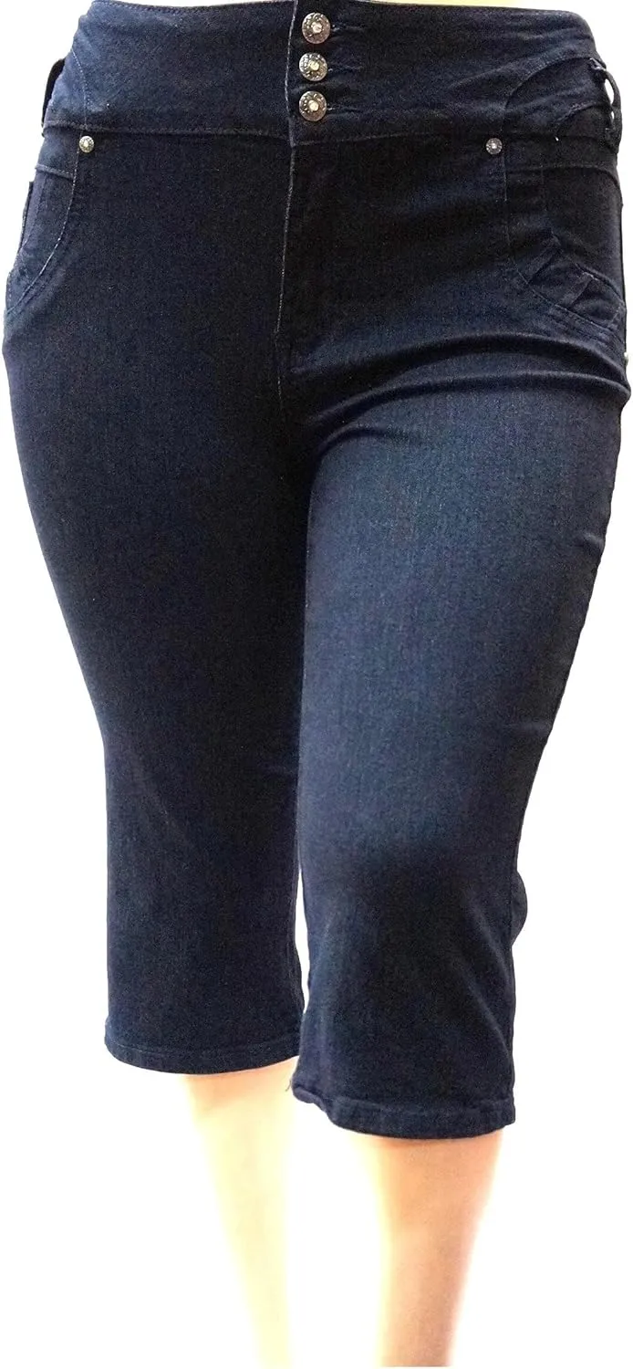 Women's Plus Size Stretch Premium Black Denim Jeans Capri HIGH Waist