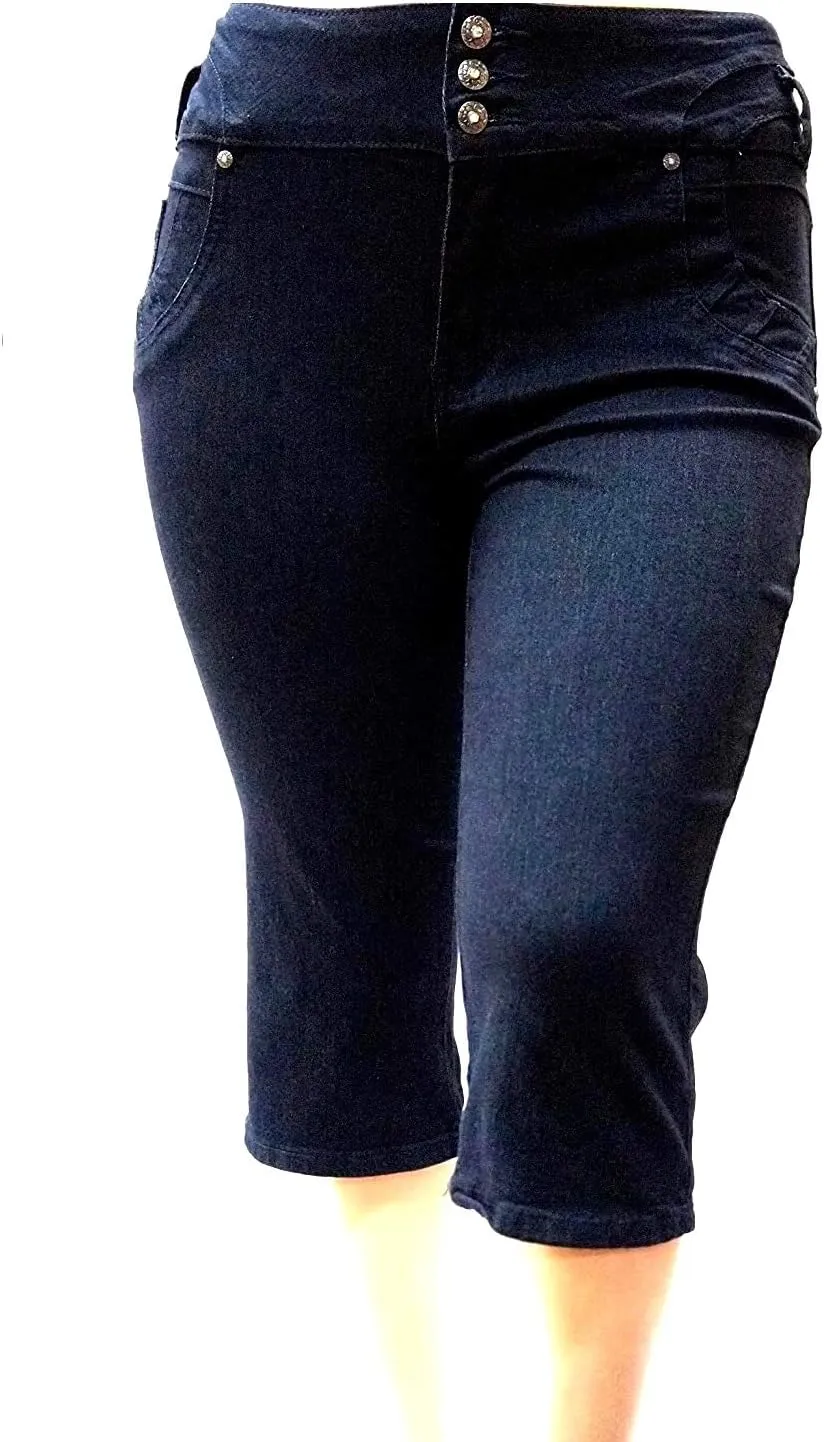 Women's Plus Size Stretch Premium Black Denim Jeans Capri HIGH Waist