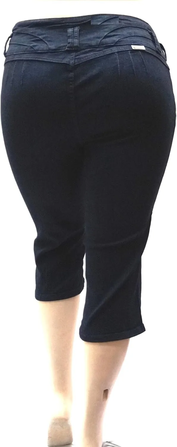 Women's Plus Size Stretch Premium Black Denim Jeans Capri HIGH Waist
