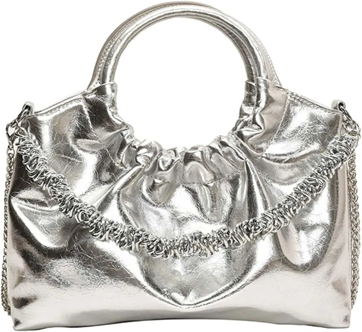Women's PU Leather Clutch Purse Glossy Evening Bag Pleated Top Handle Shoulder Bag Party Satchel Handbag Crossbodybag1807OWOISS