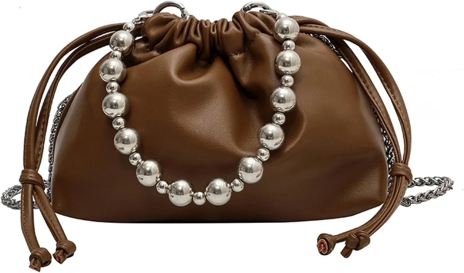 Women's PU Leather Crossbody Drawstring Shoulder Handbag Beads Bucket Bag Chain Satchel Purse for Prom Party Weddingbag219OWOISS