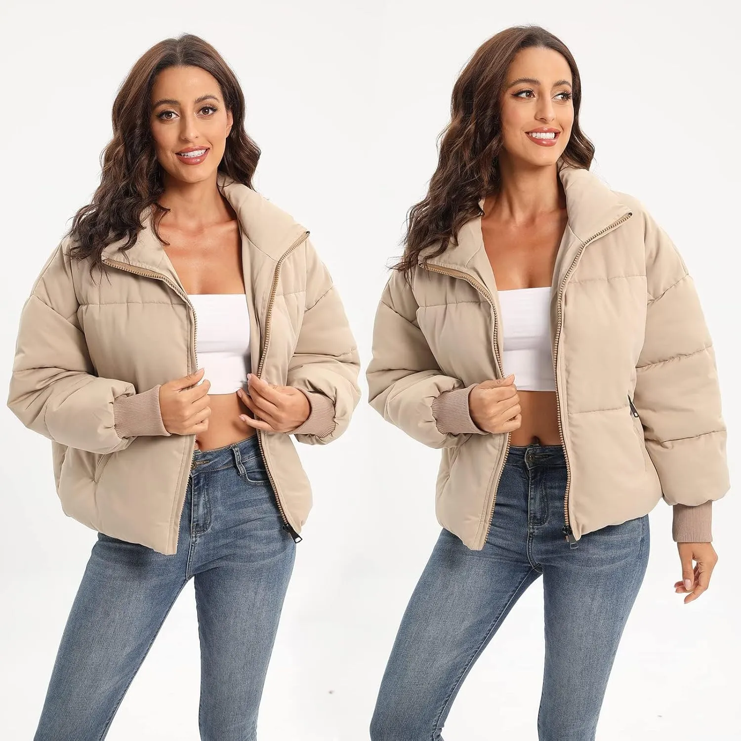Women's Puffer Jacket Long Sleeve Zip Up Warm Baggy Winter Jackets for Women